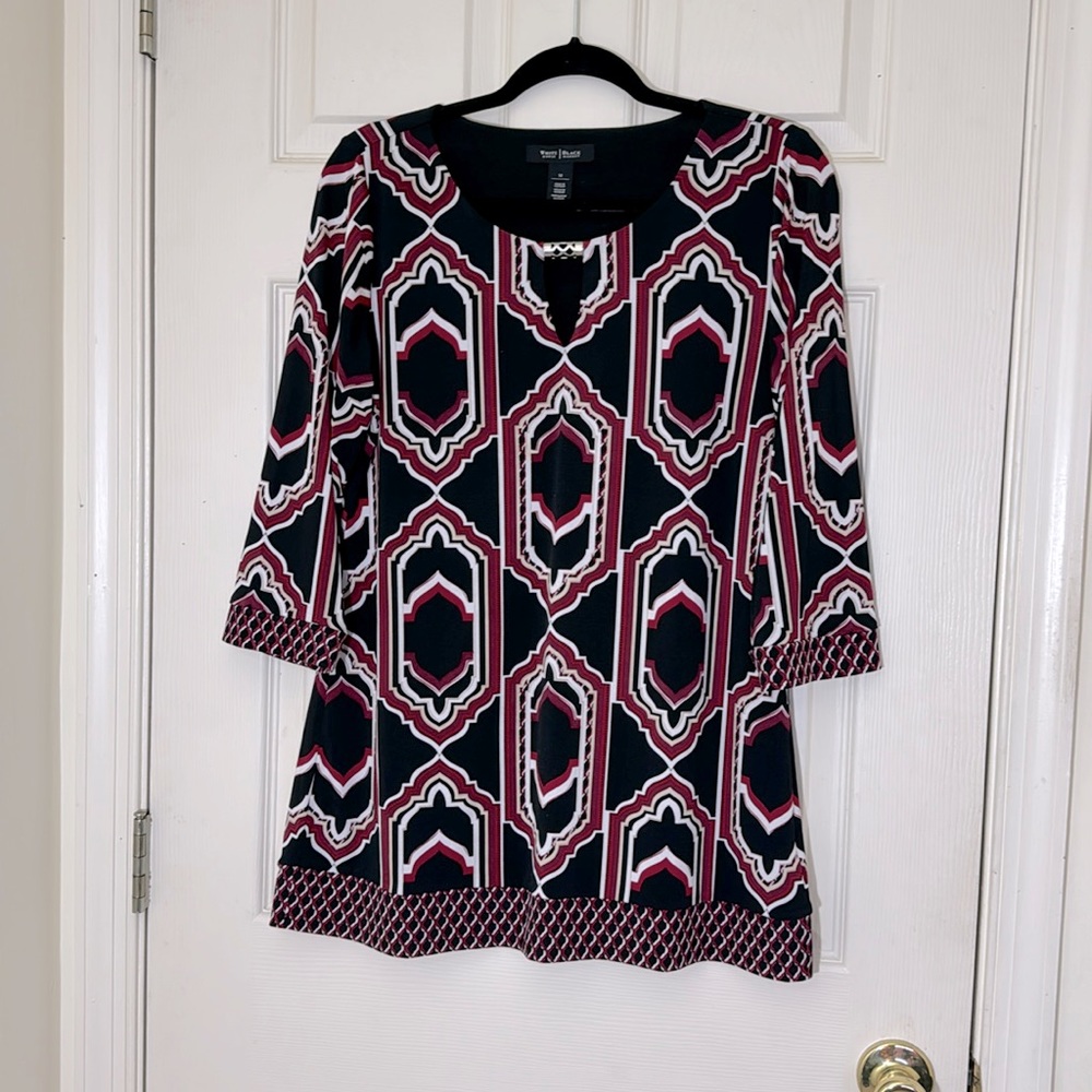 WHBM Black Dress Size Medium Geometric Pattern Business Casual Long SleevesDress